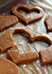 Spicy ginger dough for heart-shaped cookies for Valentine's presents, with heart shapes cut out