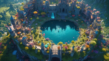 Magical Spectacle: Bird's Eye View of Magical Fantasy World, Mystical Magnificence, Generative AI