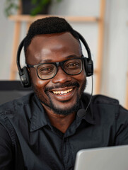 Obraz premium Afro American businessman happy call center and laptop for communication or remote work from home 
