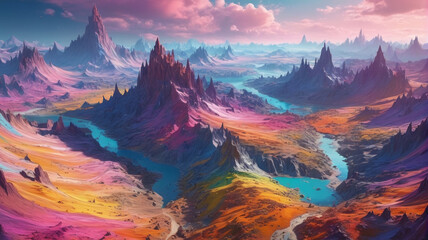 Obraz premium Magical Aerial Realm: Breathtaking Panorama of Colorful Fantasy Terrain, Ethereal Beauty, Generative AI