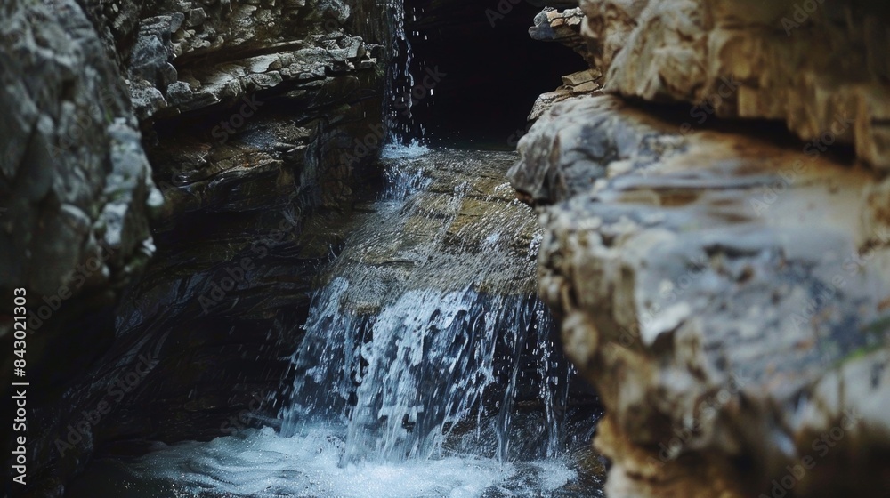 Wall mural a cascading waterfall flows through a narrow rock formation creating a unique natural bridge and a b