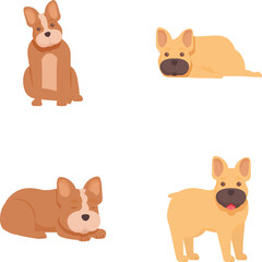 Set of four cute cartoon dogs in sitting, lying, and standing poses