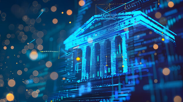 blue digital bank icon on backdrop symbolizes modern finance. generative ai