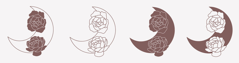 Moon with peonies, line minimalistic vector boho art