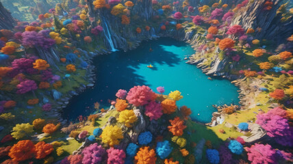Enchanted Vista: Majestic Aerial Shot of Enchanted Wonderland, Colorful Wonders, Generative AI