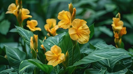 Obraz premium Lovely yellow canna flower and green foliage in the garden