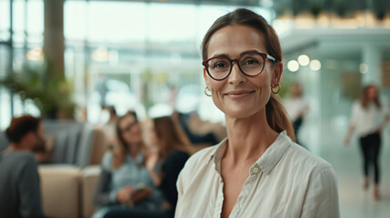 Contemporary workspace portrait of a professional woman with glasses smiling