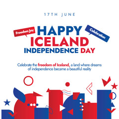 Happy Iceland Independence Day. 17th June Iceland independence day celebration banner with its flag colors and abstract art elements, shapes. National day of Iceland conceptual banner, post.