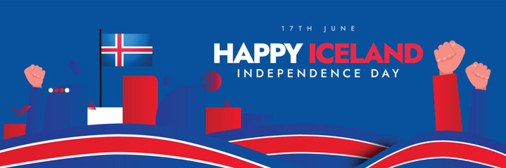 Iceland Independence Day celebration cover banner. 17th June national iceland day conceptual cover banner, social media post with its flags and abstract art design in flag colors, fist bumps in air. 