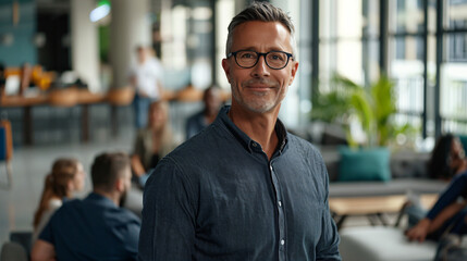 Obraz premium Mature male professional smiling in a modern office environment, with colleagues in the background