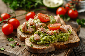 open-faced tuna sandwich with guacamole and cherry tomatoes on table top view