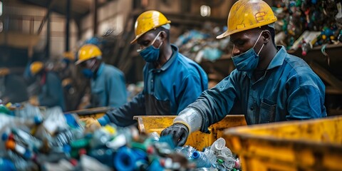 Fototapeta premium Workers sort plastic waste at a recycling plant collected from cities. Concept Recycling Plant, Plastic Waste, Sorting Process, Urban Waste Management, Environmental Sustainability