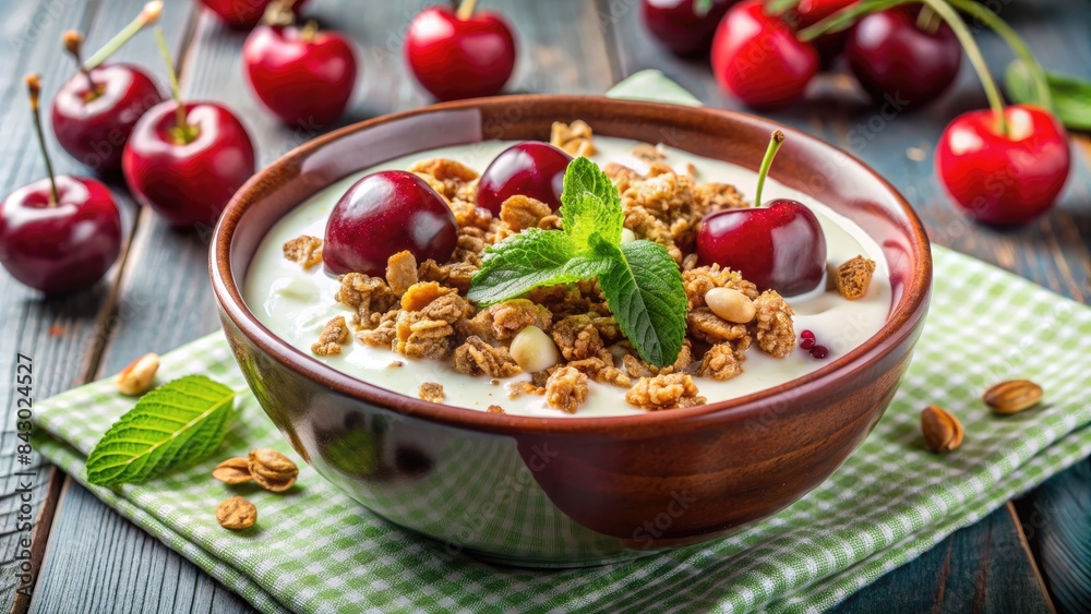 Canvas Prints bowl of yogurt with granola and cherries.