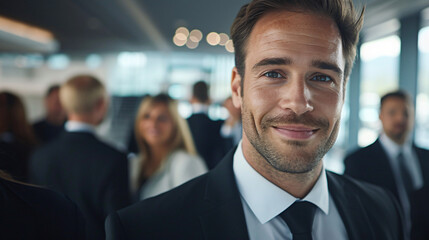 Portrait of a smiling businessman in a suit with colleagues in the background