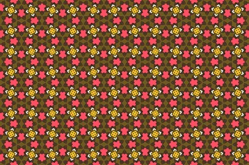 A pattern of flowers and leaves in a brown and pink color scheme