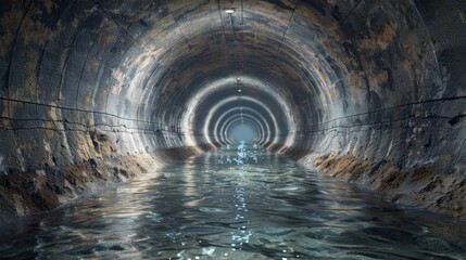 Naklejka premium A dark tunnel with water running through it