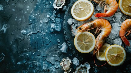 A bowl of oysters, shrimp, lemons, and ice sits on a table, ready to be enjoyed. This arrangement...