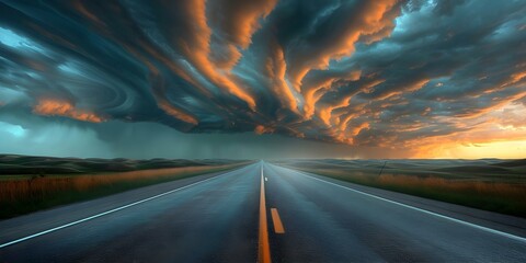 Storm clouds create a striking scene on a road in North Dakota. Concept Landscape Photography, Stormy Weather, North Dakota, Dramatic Skies, Road Trip