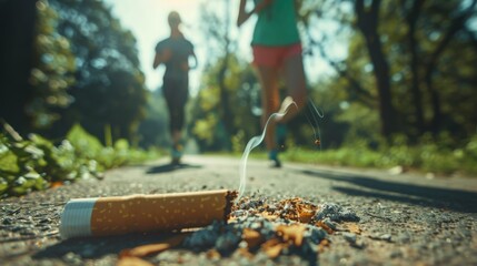 Thoughtless discarded cigarette butt littering the ground near the feet of joggers in the park.
