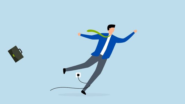 Failure or mistake, 4k animation of  clumsy businessman tripping over  power cord electrical plug that fell to the floor.