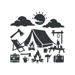 Naklejka premium Camping silhouette or Summer camp Clip art isolated vector illustration on a white background