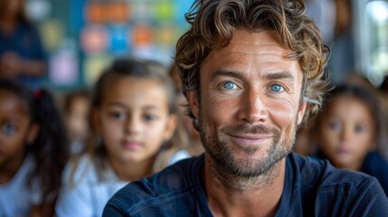 Obraz premium The image captures a man with a genuine smile, with unfocused children sitting in the background suggesting a classroom setting
