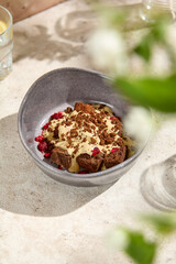 Authentic Chocolate Smetannik with Sour Cream and Condensed Milk Cream - Sunlit Still Life on Beige Table