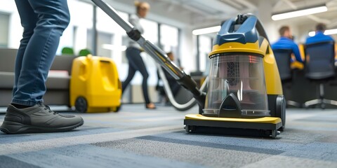 Fototapeta premium Cleaning crew vacuuming office with employees in background. Concept Cleaning Crew in Action, Office Cleaning, Vacuuming Employees, Workplace Sanitation, Professional Janitorial Services