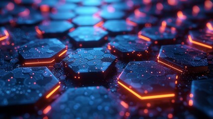 Fototapeta premium Hexagonal shapes with a digital blue and orange neon glow, dark backdrop