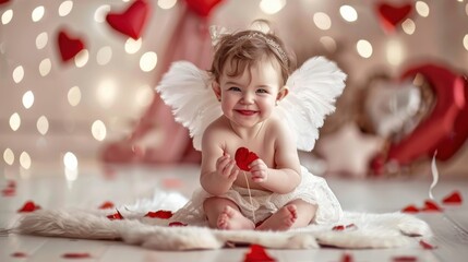 Fototapeta premium A baby wearing a white dress and holding a red flower