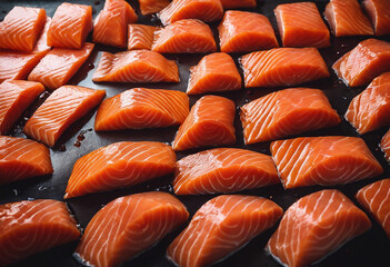 Fototapeta premium Close-up with many pieces of raw salmon fillet