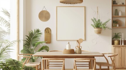 Modern Living Room Home Workplace with Wooden Chair and Desk near White Wall Featuring Blank Mockup Poster Frame