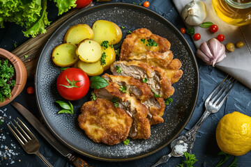 schnitzel meat dish small slices of veal, on table top view