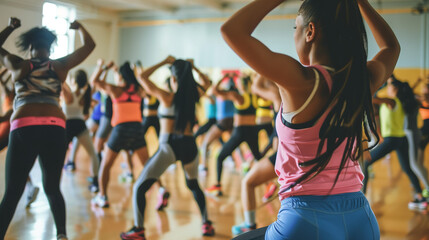 Energetic Group Fitness Class with Diverse Participants Engaging in High-Intensity Workout in...
