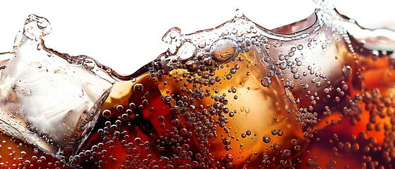 Soft drink background banner panorama - close up of cola with ice cubes with air bubbles and water drops isolated on light background - food photography