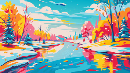 Vibrant Autumn Landscape with Serene River and Colorful Trees