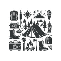 Naklejka premium Camping silhouette or Summer camp Clip art isolated vector illustration on a white background