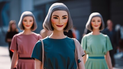 A group of dolls with different colored hair and dresses, AI