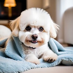 Cute Bichon Fris� peeking out from a cozy blanket fort in a cozy living room