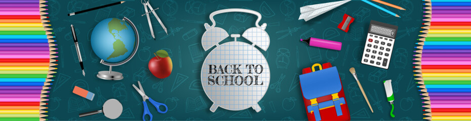 back to school banner with school supplies and alarm clock shaped paper label