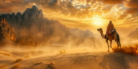 A lone traveler rides a camel through a vast desert at sunset. AI.