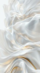 The image displays flowing white fabric with golden highlights, creating elegant, fluid waves and folds. The fabric's soft, dynamic texture and light interplay evoke a sense of serenity and luxury.