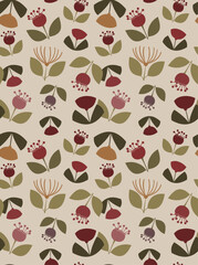 Whimsical seamless vector pattern with retro-style flowers and plants.
