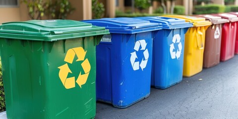 Colorful Recycling Bins Lined Up on Pavement