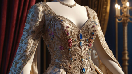 Obraz premium The regal evening gown on the mannequin features rich fabrics and exquisite detailing, creating a vision of luxury, Generative AI