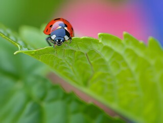 Fototapeta premium A red ladybug sits on a green leaf, looking at the camera. AI.