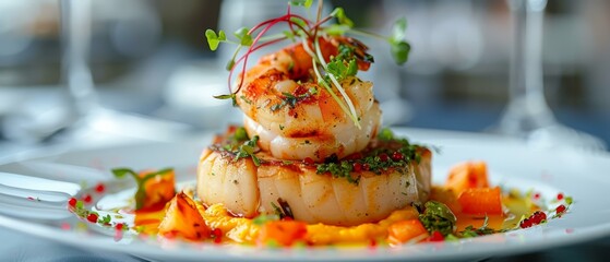 A delicious and healthy seafood dish with shrimp, scallops, and vegetables. AI.