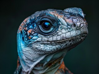 Obraz premium A close-up of a blue iguana's face. AI.