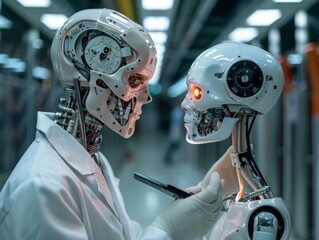 Fototapeta premium A humanoid robot in a lab coat is having its cranial cavity examined by another robot. AI.