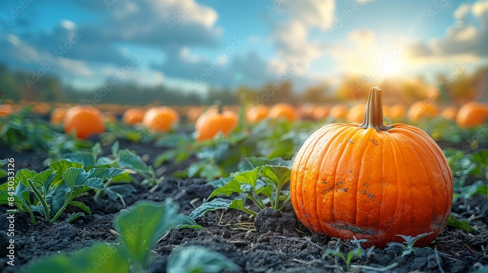 Canvas Prints A singular pumpkin stands out in a field against the backdrop of a striking sunset